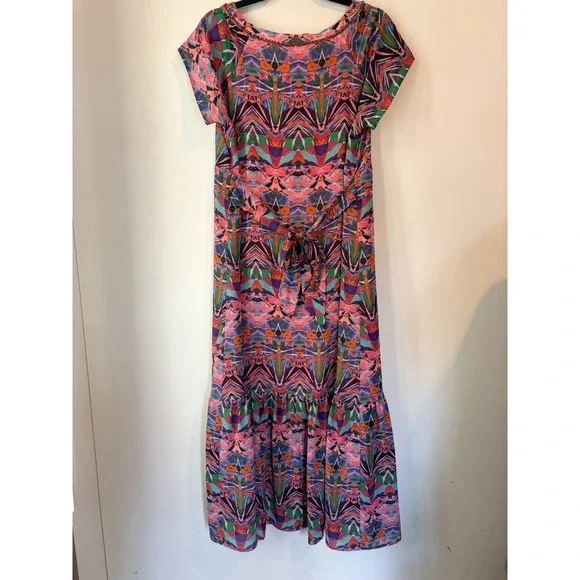 Vanessa Virginia Anthropologie Dress 12 Vibrant Print Boho Maxi Tie Back V Neck - Picture 6 of 7